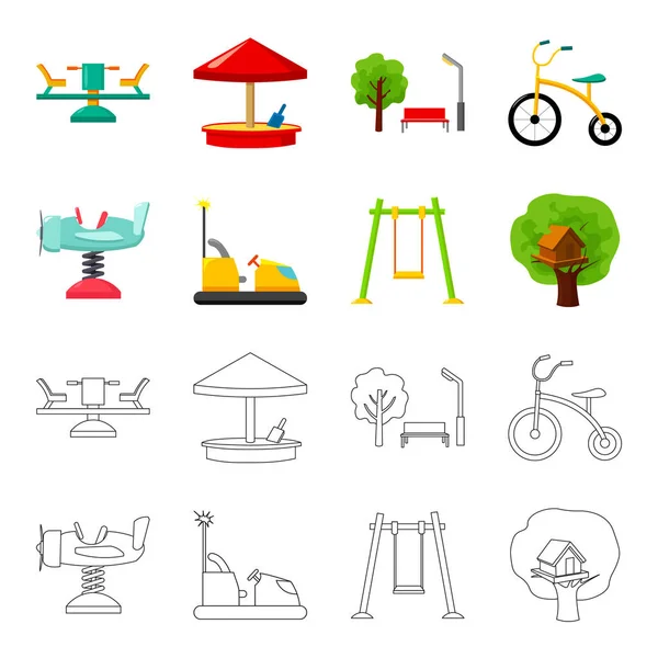Avião em uma mola, baloiços e outros equipamentos. Parques infantis conjunto coleção ícones em desenhos animados, esboço estilo vetor símbolo estoque ilustração web . —  Vetores de Stock