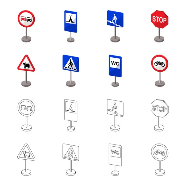 Yol işaretleri farklı türde karikatür, set koleksiyonu tasarım için anahat simgeleri. Uyarı ve yasağı işaretler sembol stok web illüstrasyon vektör. — Stok Vektör