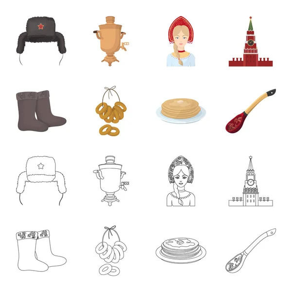 Feltro, botas, secagem, pão de gengibre. Rússia país conjunto coleção ícones em desenhos animados, esboço estilo vetor símbolo ilustração web . — Vetor de Stock