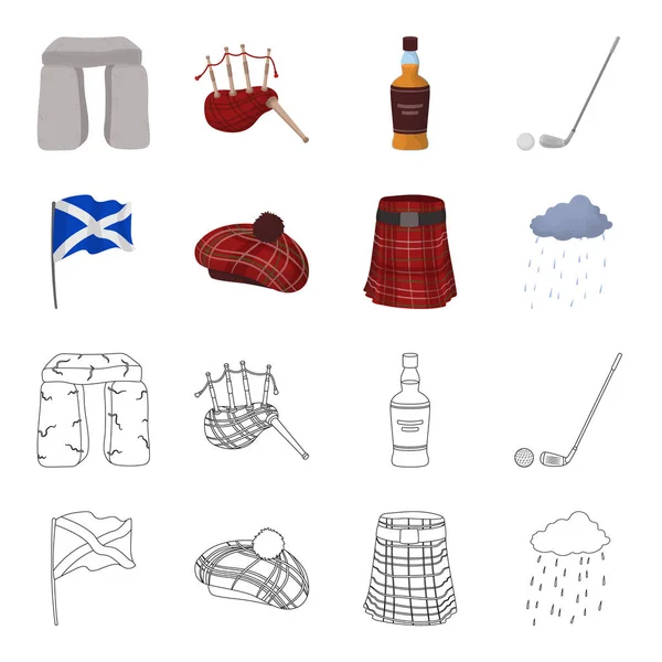 Bandiera, kilt, tempo piovoso, cap.Scotland paese set icone di raccolta in cartone animato, contorno stile vettore simbolo stock illustrazione web . — Vettoriale Stock