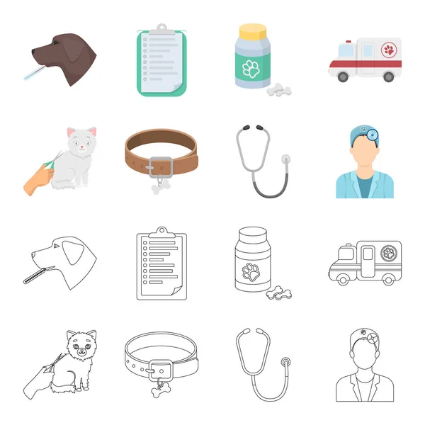 Halsband, Knochen, Katze, Haarschnitt .vet Klinik Set Sammlung Symbole in Cartoon, umreißen Stil Vektor Symbol Stock Illustration Web. — Stockvektor