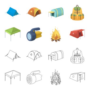Tente, yangın ve diğer turistik ekipmanları. Çadır toplama simgeler çizgi film, anahat stili vektör simge stok çizim web ayarla..