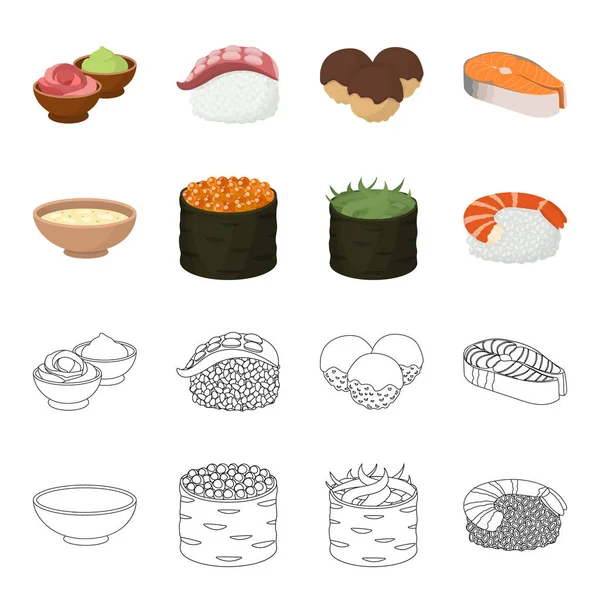 Cuenco de sopa, caviar, camarones con arroz. Conjunto de iconos de colección de sushi en dibujos animados, contorno estilo vector símbolo stock ilustración web . — Vector de stock