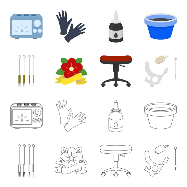 Chair on rollers, needles for tattoo and other equipment. Tattoo set collection icons in cartoon,outline style vector symbol stock illustration web. — Stock Vector