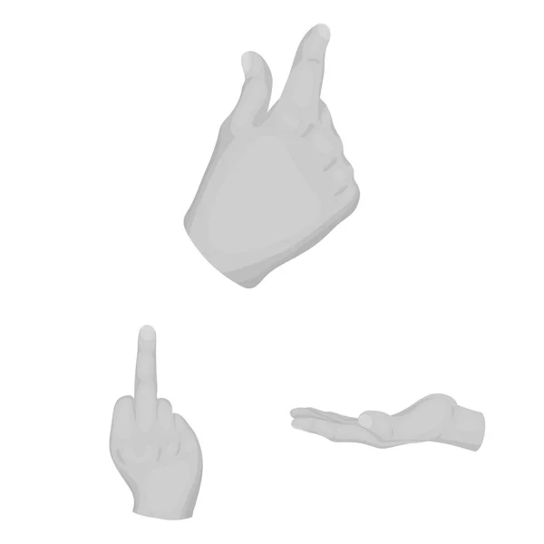 Hand gebaar zwart-wit pictogrammen in set collectie voor design. Palm en vinger symbool voorraad web vectorillustratie. — Stockvector