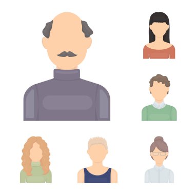 Set koleksiyonu tasarım için Avatar ve yüz karikatür simgeler. Bir kişi görünümü vektör simge stok web çizim.