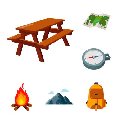 Set koleksiyonu tasarım için kamp karikatür Icons bekletin. Kamp ve ekipman sembol stok web illüstrasyon vektör.