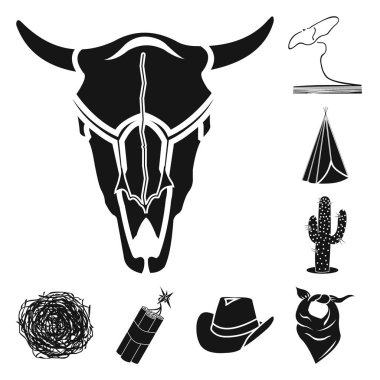 Set koleksiyonu tasarım için vahşi batı siyah simgeler öznitelikleri. Texas ve Amerika sembol stok web illüstrasyon vektör.