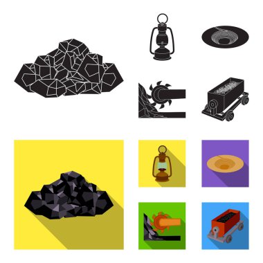 Bir madenci lambası, bir huni, araştırma birleştirin, cevheri ile bir arabası. Toplama simgeler siyah, düz stil vektör simge stok çizim web içinde set madencilik sanayi.