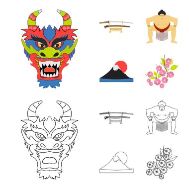 Dragon maskesi, katano, bir adam bir sumo, fujiama dağ ismi. Japonya toplama simgeler çizgi film, anahat stili vektör simge stok çizim web ayarla..