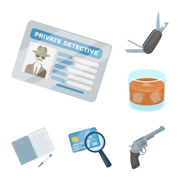 Detective en kenmerken cartoon pictogrammen in set collectie voor design. Vectorillustratie voorraad web symbool Detective Agency. — Stockvector