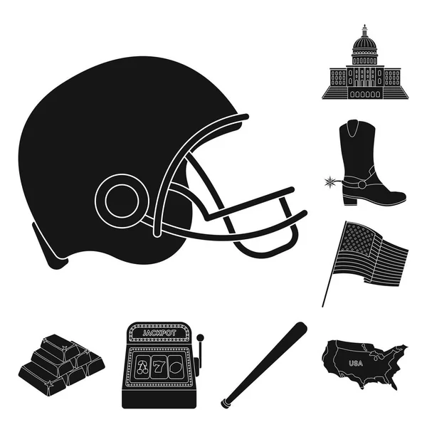 USA country black icons in set collection for design.Travel and attractions vector symbol stock web illustration. — Stock Vector