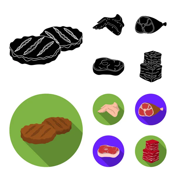 Chicken wings, ham, raw steak, beef cubes. Meat set collection icons in black, flat style vector symbol stock illustration web. — Stock Vector