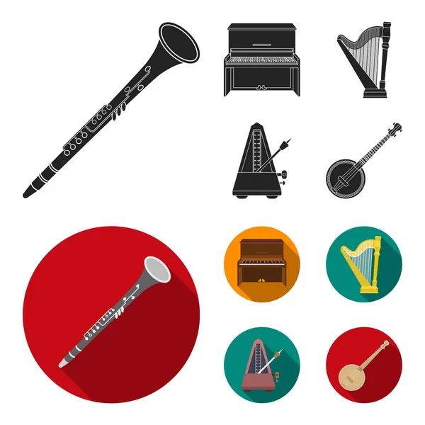 Banjo, pianoforte, arpa, metronomo. Strumenti musicali set icone di raccolta in nero, stile piatto vettore simbolo stock illustrazione web . — Vettoriale Stock