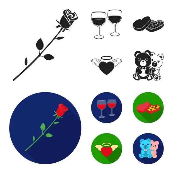 グラスでワイン、チョコレートの心、クマ、バレンタイン。ロマンティック ブラック、フラット スタイル ベクトル シンボル ストック イラスト web コレクションのアイコンを設定. — ストックベクタ
