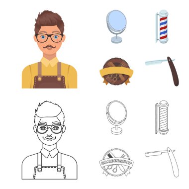 Erkek Kuaför, işareti, ayna ve diğer ekipman için bir kuaför. Berber Dükkanı toplama simgeler çizgi film, anahat stili vektör simge stok çizim web ayarla..