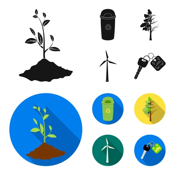 Popelnice, nemocné strom, větrná turbína, klíč k vozu bio. Bio a ekologie sada kolekce ikon v černé, ploché styl vektor symbol akcií ilustrace web. — Stockový vektor