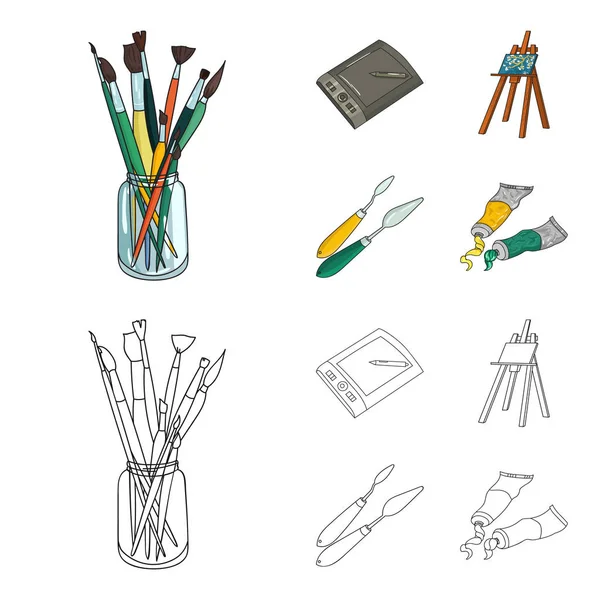 Fırçalar, bir çizim kurulu, bir tuval, boya bıçak ile bir şövale bankayla. Sanatçı ve çizgi film, anahat stili vektör simge stok çizim web çizim küme koleksiyon simgeler.