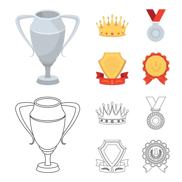 Une tasse d'argent, une couronne d'or avec des diamants, une médaille du lauréat, un signe d'or avec un ruban rouge.Prix et trophées ensemble icônes de la collection dans la bande dessinée, schéma de style vectoriel symbole illustration web . — Image vectorielle