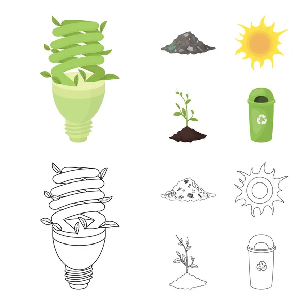 An ecological lamp, the sun, a garbage dump, a sprout from the earth.Bio and ecology set collection icons in cartoon,outline style vector symbol stock illustration web. — Stock Vector