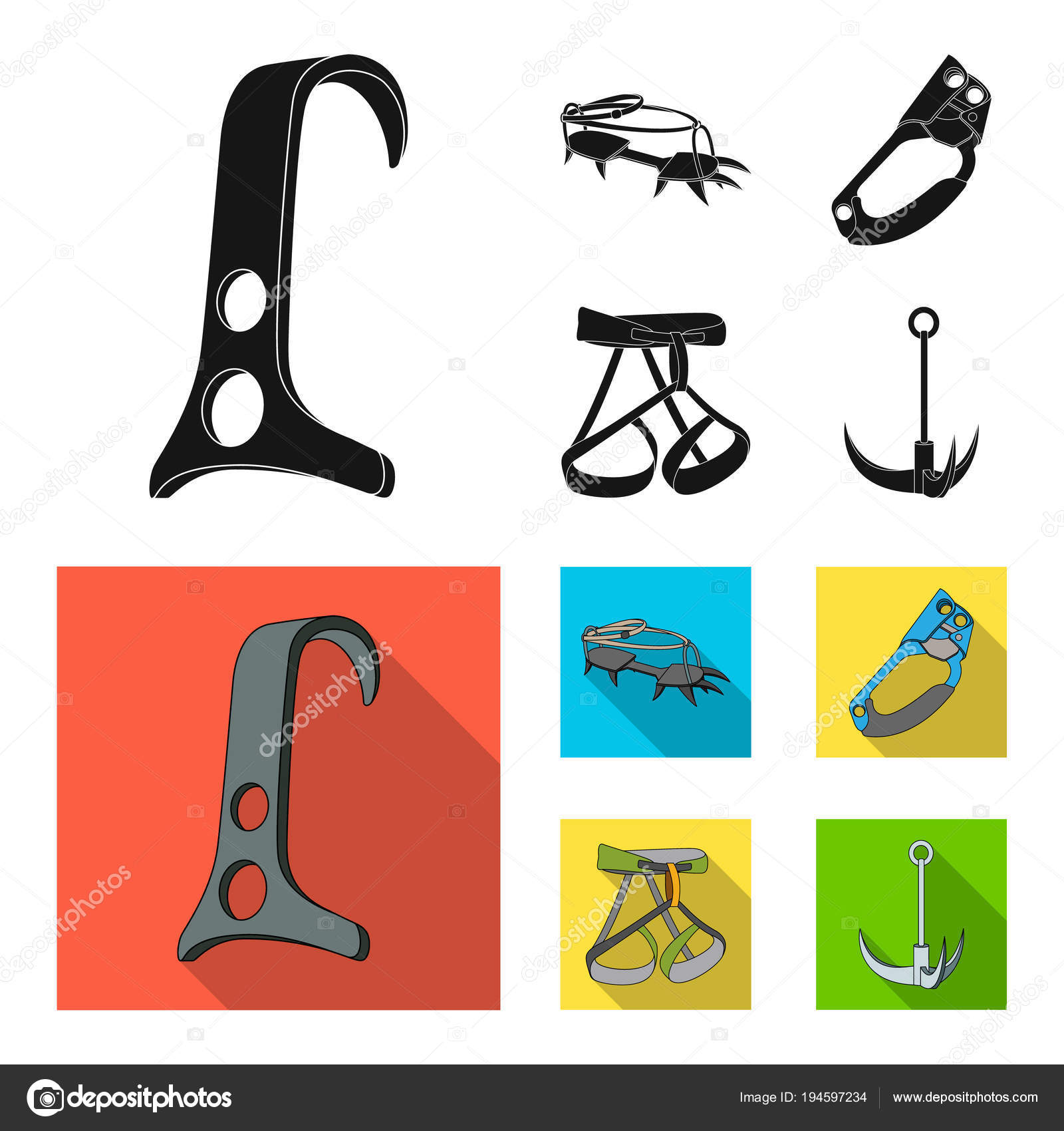 Hook, mountaineer harness, insurance and other equipment.Mountaineering set  collection icons in black, flat style vector symbol stock illustration web.  Stock Vector by ©PandaVector 194597234