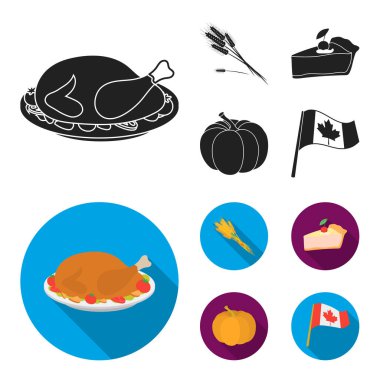 Spike buğday, bir dilim pasta ile kızılcık, kabak, ulusal bayrak. Kanada Şükran günü toplama simgeler siyah, düz stil vektör simge stok çizim web içinde ayarla..