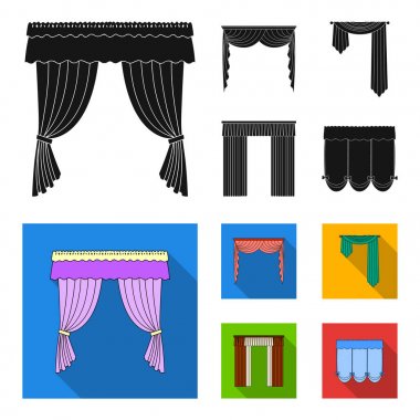 Pencere perdeleri farklı türleri. Perdeleri toplama simgeler siyah, düz stil vektör simge stok çizim web içinde ayarla..