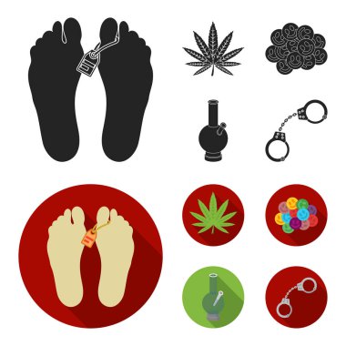 Kenevir yaprak, ecstasy hap, kelepçe, bong. İlaç toplama simgeler siyah, düz stil vektör simge stok çizim web içinde ayarla..