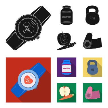 Protein, vitamin ve diğer ekipman eğitim için. Spor ve egzersiz toplama simgeler siyah, düz stil vektör simge stok çizim web ayarla.