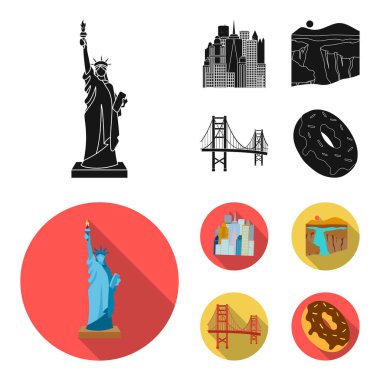 Bir megacity, Büyük Kanyon, golden gate Köprüsü, çörek çikolata ile. Ülke ABD toplama simgeler siyah, düz stil vektör simge stok çizim web içinde ayarlayın..