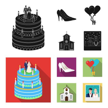 Düğün ve öznitelikleri çizgi film, düz, anahat, siyah simgeler set koleksiyonu tasarım için. Sembol stok web illüstrasyon vektör yeni evliler ve aksesuarları.