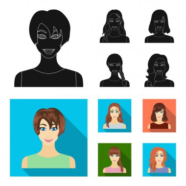 Set koleksiyonu tasarım için kadın saç modelleri siyah, düz simgeler türleri. Bir kadın vektör simge stok web illüstrasyon görünümünü.