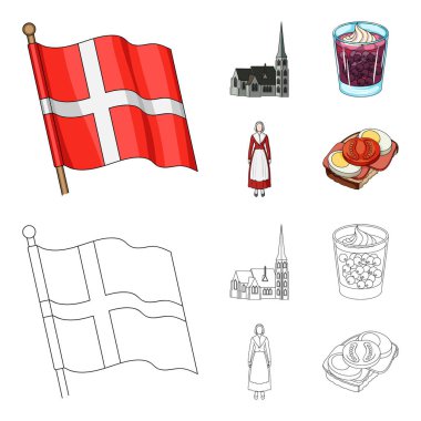 Bayrak, Milli, sembol ve diğer web simgesi karikatür, anahat stili. Danimarka, Tarih, turizm, küme koleksiyon simgeler.