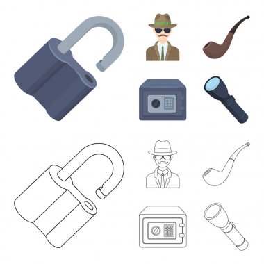 Kilit kesmek, güvenli, içilmeyen bir kanal, özel dedektif. Dedektif toplama simgeler çizgi film, anahat stili vektör simge stok çizim web ayarla..