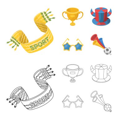 Bir eşarp, boynuzları olan bir şapka ve diğer öznitelikleri fanlar. Çizgi film, anahat stili vektör simge stok çizim web simgeler hayranları ayarla.