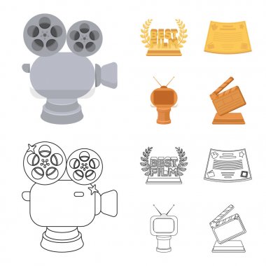 Gümüş fotoğraf makinesi. Bir Tv şeklinde ve başka ödüller bronz ödül. Film Ödülü, çizgi film, anahat stili vektör simge stok çizim web sset koleksiyon simgeler.