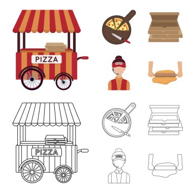 Mobil römork, pizza, kutular, satıcı için tahta kesme. Pizza ve pizza çizgi film, anahat stili vektör simge stok çizim web simgeler ayarla.