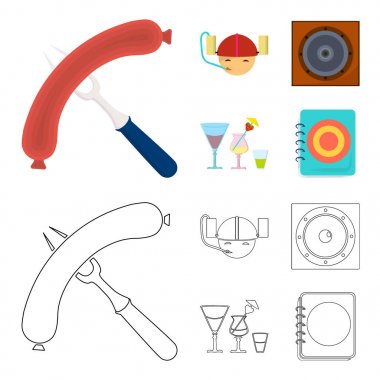 Kızarmış sosis, bira kask, kokteyller, hoparlör. Pub toplama simgeler çizgi film, anahat stili vektör simge stok çizim web ayarla..