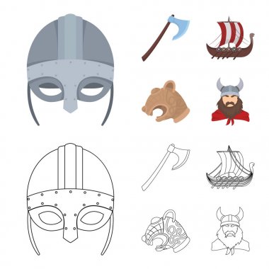 Viking kask, savaş baltası, çaylak Kalkanlar, ejderha, hazine ile kürek üzerinde. Vikingler çizgi film, anahat stili vektör simge stok çizim web simgeler ayarla.