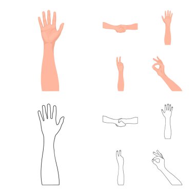 İşaret dili çizgi film, set koleksiyonu tasarım için anahat simgeleri. Duygusal iletişim vektör simge stok web illüstrasyon parçası.