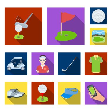 Golf ve öznitelikleri set koleksiyonu tasarım için simgeleri düz. Golf Kulübü ve ekipman sembol stok web illüstrasyon vektör.