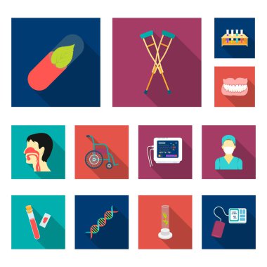 İlaç ve tedavi düz simgeler set koleksiyonu tasarım için. Tıp ve ekipman sembol stok web illüstrasyon vektör.