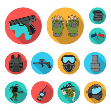 Paintball takım set koleksiyonu tasarım için oyun düz simgeler. Ekipman ve kıyafet sembol stok web illüstrasyon vektör.