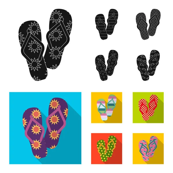 Flip-flops svart, platt ikoner i set insamling för design. Stranden skor vektor symbol lager web illustration. — Stock vektor