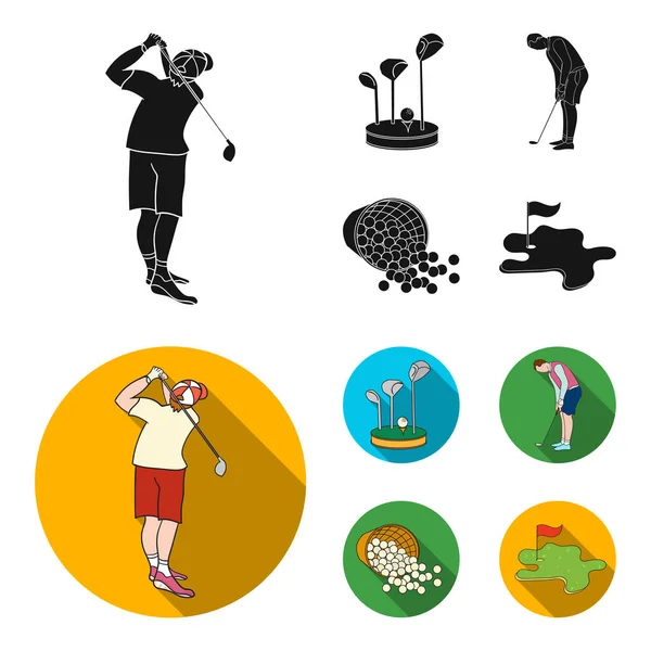 ゴルフ クラブ、muzhchin クラブ、バスケット ボールで、ゴルフ場の旗付きのラベルで遊んでの略します。ブラック、フラット スタイル ベクトル シンボル ストック イラスト web のゴルフクラブ セットのコレクション アイコン. — ストックベクタ