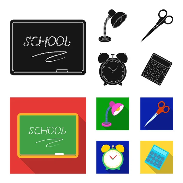 Lâmpada de mesa, tesoura, despertador, calculadora. Escola e educação conjunto coleção ícones em preto, estilo plano símbolo vetorial ilustração web . — Vetor de Stock