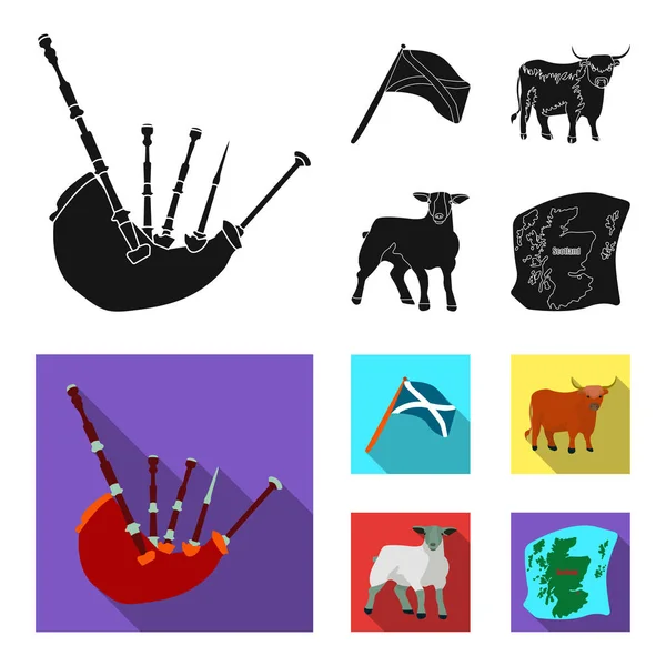 Andrejev, Skócia, Skócia Térkép, a bika, a juhok állam lobogója. Skócia készlet gyűjtemény ikonok-ban fekete, lapos stílusú vektor szimbólum stock illusztráció web. — Stock Vector