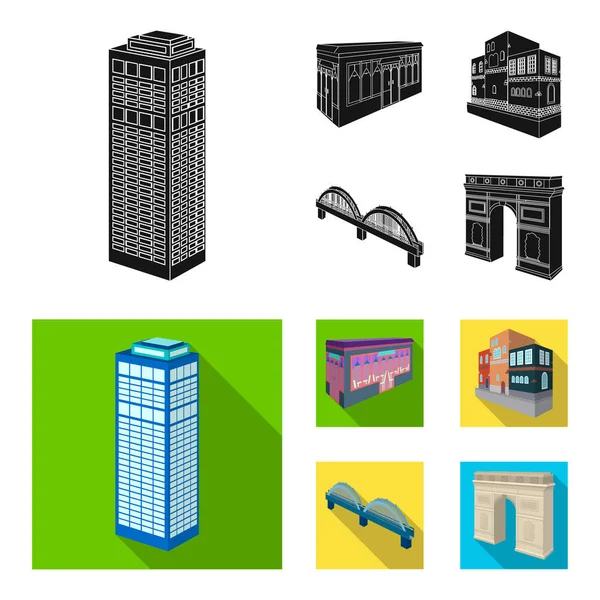 Arco do Triunfo em Paris, ponte reforçada, edifício de café, casa em estilo escandinavo. Ícones de coleção de conjuntos arquitetônicos e de construção em preto, estilo plano símbolo vetorial estoque ilustração web . — Vetor de Stock