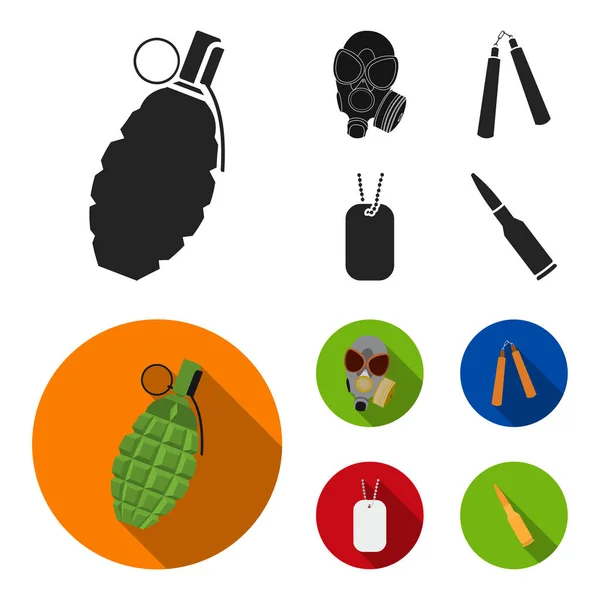 Máscara de gas, nunchak, munición, token de soldado. Armas conjunto colección iconos en negro, plano estilo vector símbolo stock ilustración web . — Vector de stock