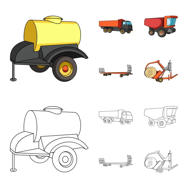 Rimorchio con canna, camion e altri dispositivi agricoli. Macchine agricole set icone di raccolta in cartone animato, contorno stile vettore simbolo stock illustrazione web . — Vettoriale Stock